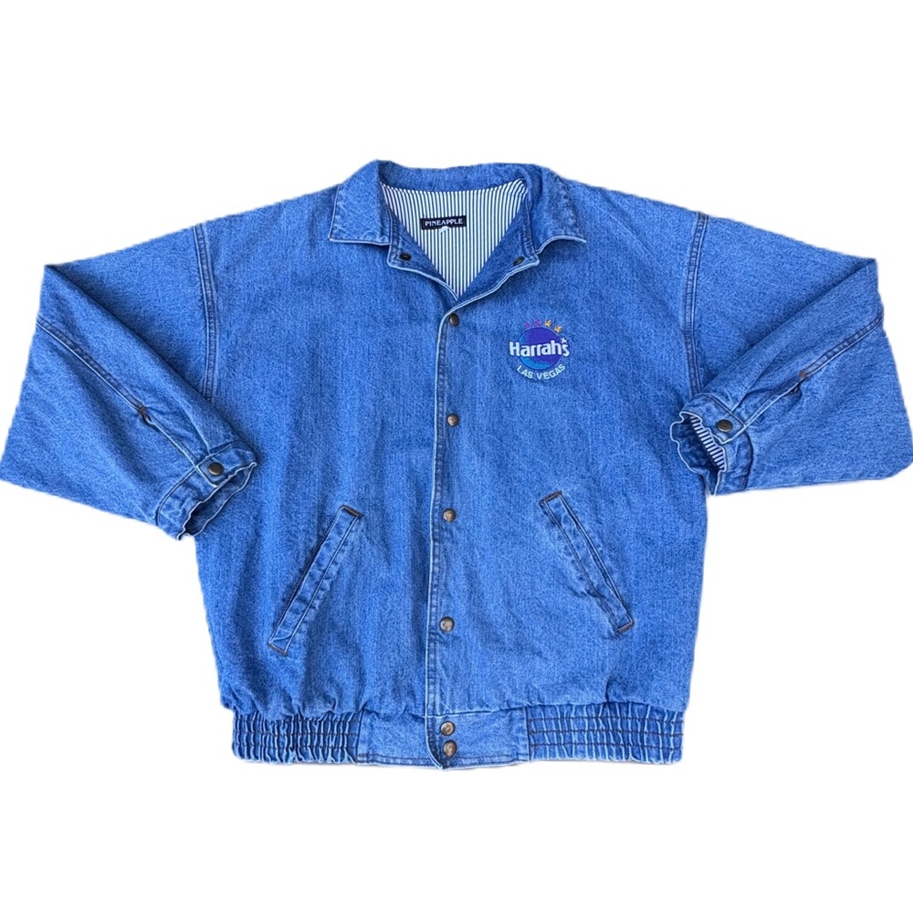 Vintage 90s Harrahs Las Vegas Hotel Casino Blue Denim Jean Snap Bomber Jacket